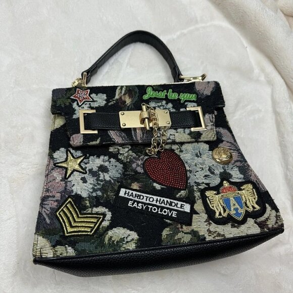 Aldo Dark Floral Brocade Upholstery Patch Messenger Purse Bag Gold Hardware - Picture 1 of 10